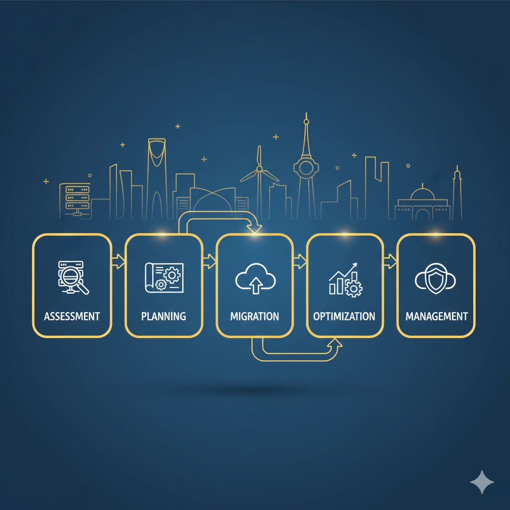 Five phases of cloud migration framework for Saudi Arabian businesses showing assessment planning and implementation stages